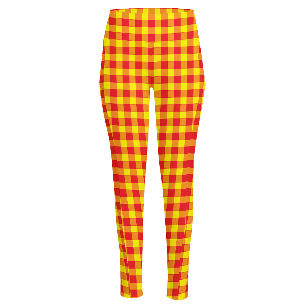 Red And Yellow Check Pattern Print High-Waisted Pocket Leggings