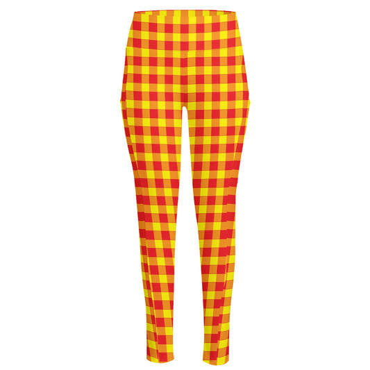 Red And Yellow Check Pattern Print High-Waisted Pocket Leggings