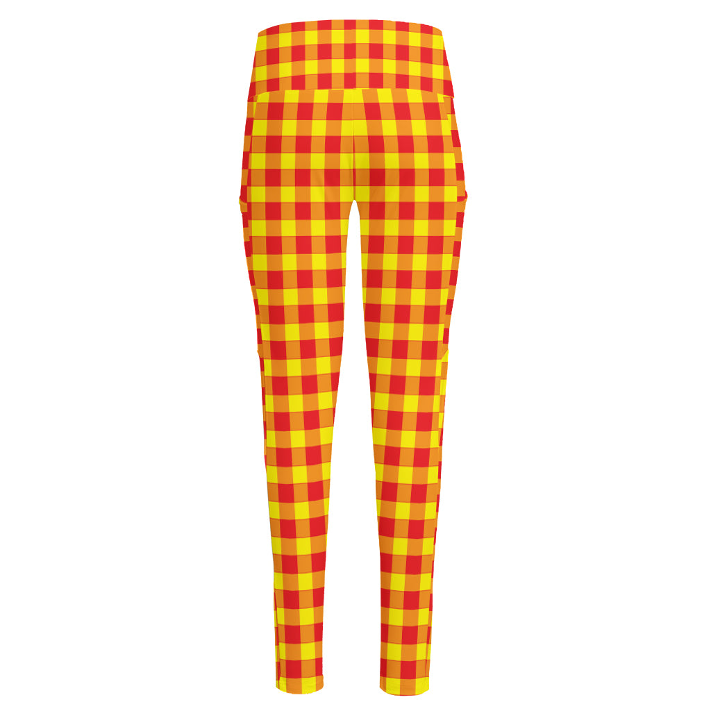 Red And Yellow Check Pattern Print High-Waisted Pocket Leggings