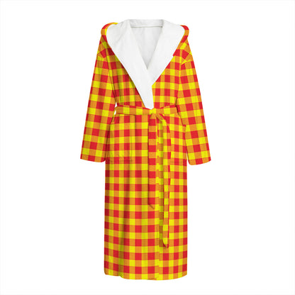 Red And Yellow Check Pattern Print Hooded Bathrobe