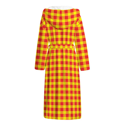 Red And Yellow Check Pattern Print Hooded Bathrobe