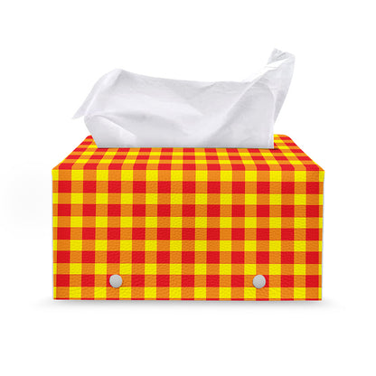 Red And Yellow Check Pattern Print Leather Tissue Box Cover