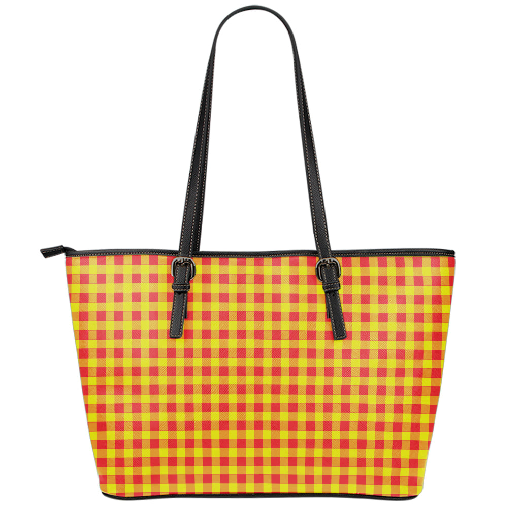 Red And Yellow Check Pattern Print Leather Tote Bag