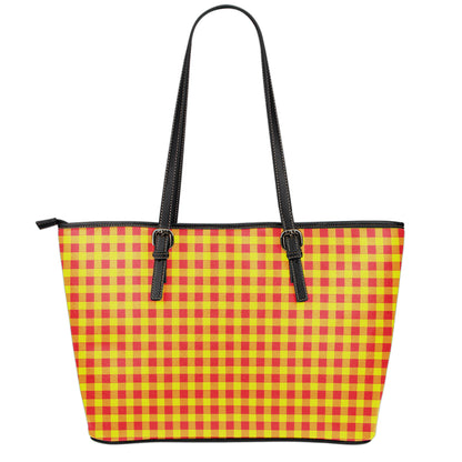 Red And Yellow Check Pattern Print Leather Tote Bag