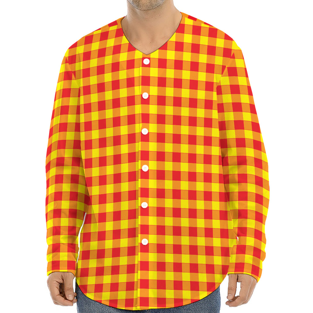 Red And Yellow Check Pattern Print Long Sleeve Baseball Jersey