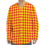 Red And Yellow Check Pattern Print Long Sleeve Baseball Jersey