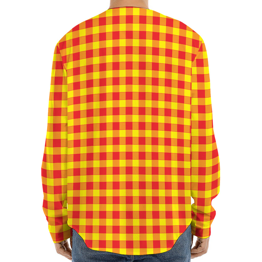 Red And Yellow Check Pattern Print Long Sleeve Baseball Jersey
