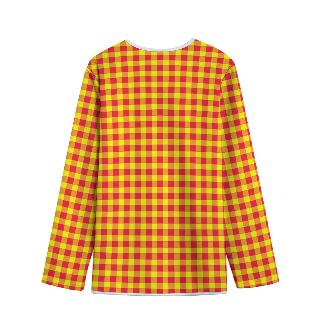 Red And Yellow Check Pattern Print Long Sleeve Short Coat