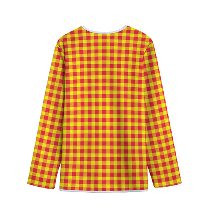 Red And Yellow Check Pattern Print Long Sleeve Short Coat