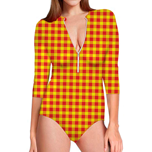 Red And Yellow Check Pattern Print Long Sleeve Swimsuit
