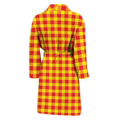 Red And Yellow Check Pattern Print Men's Bathrobe