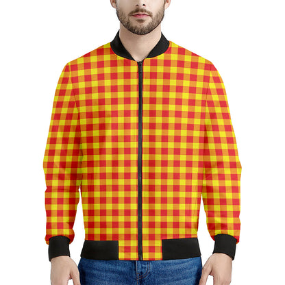 Red And Yellow Check Pattern Print Men's Bomber Jacket