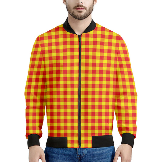 Red And Yellow Check Pattern Print Men's Bomber Jacket