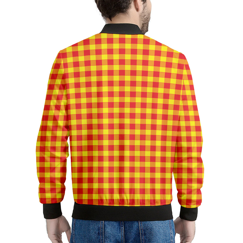 Red And Yellow Check Pattern Print Men's Bomber Jacket