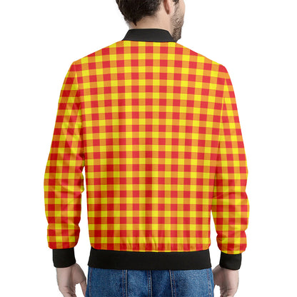 Red And Yellow Check Pattern Print Men's Bomber Jacket