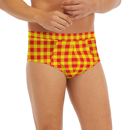 Red And Yellow Check Pattern Print Men's Briefs