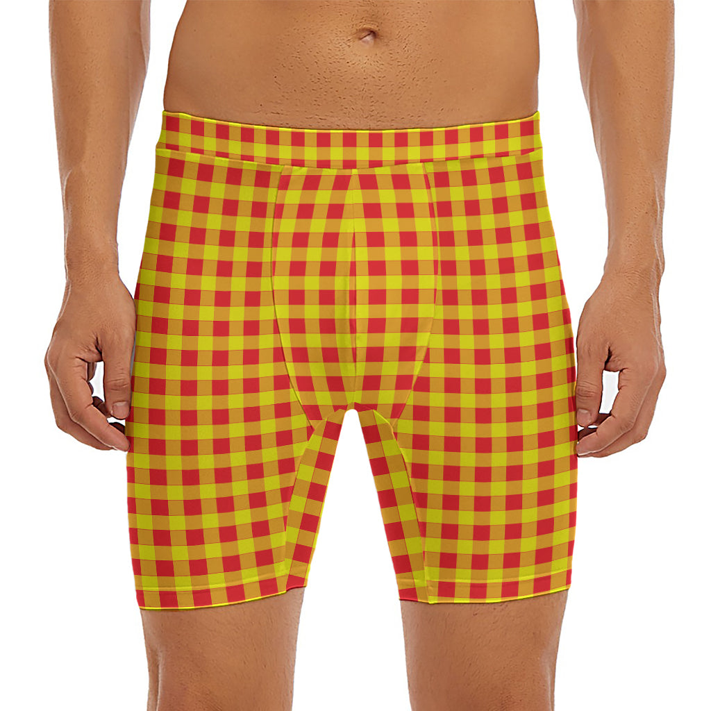 Red And Yellow Check Pattern Print Men's Long Boxer Briefs