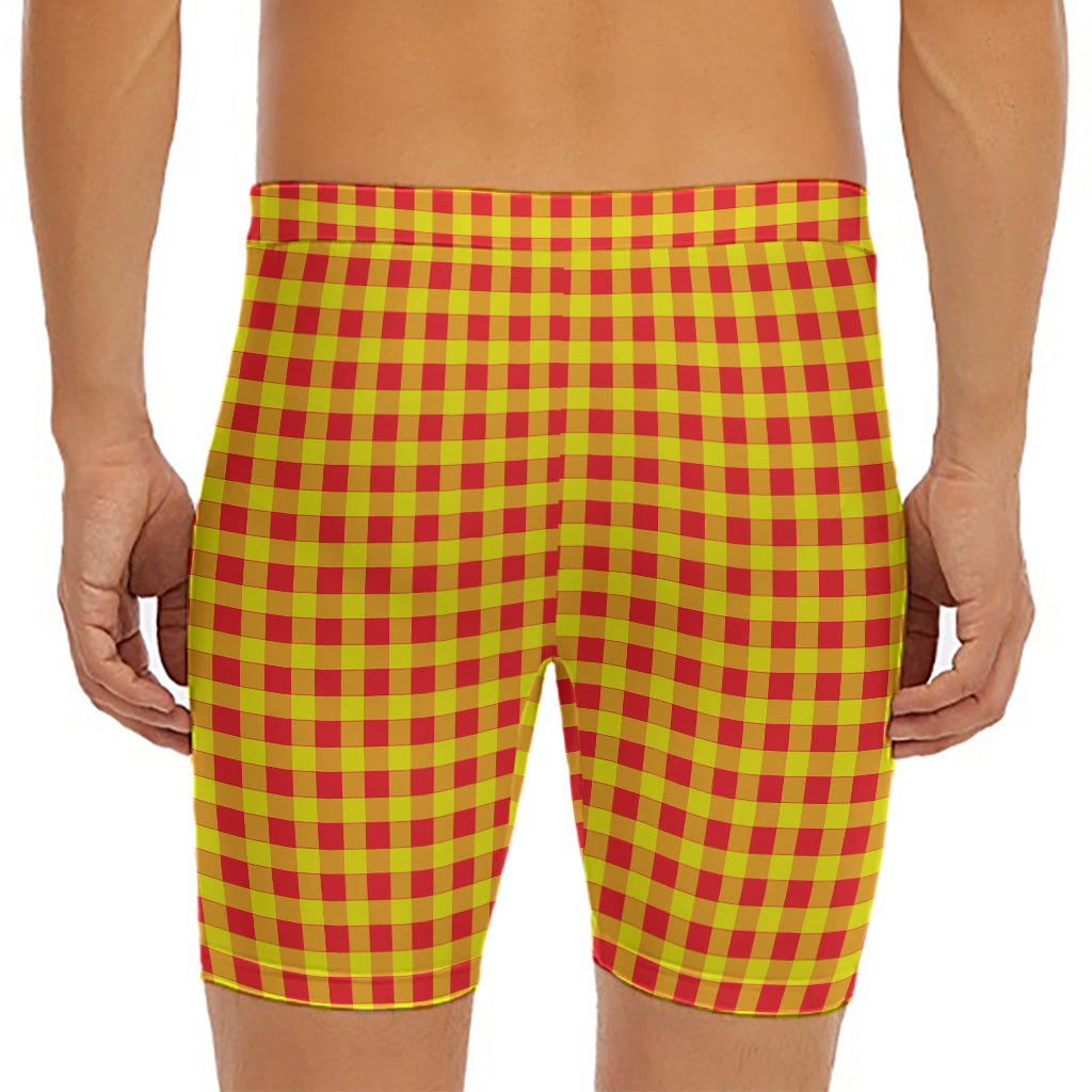 Red And Yellow Check Pattern Print Men's Long Boxer Briefs