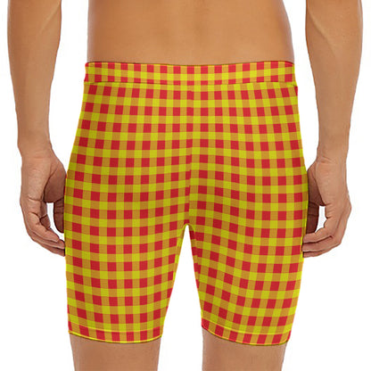 Red And Yellow Check Pattern Print Men's Long Boxer Briefs