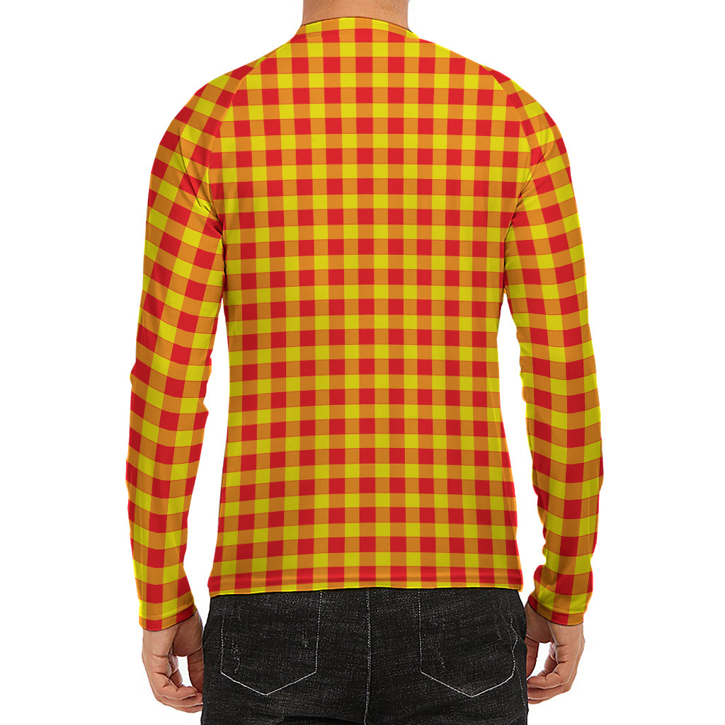 Red And Yellow Check Pattern Print Men's Long Sleeve Rash Guard