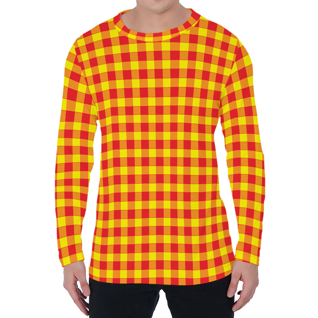 Red And Yellow Check Pattern Print Men's Long Sleeve T-Shirt