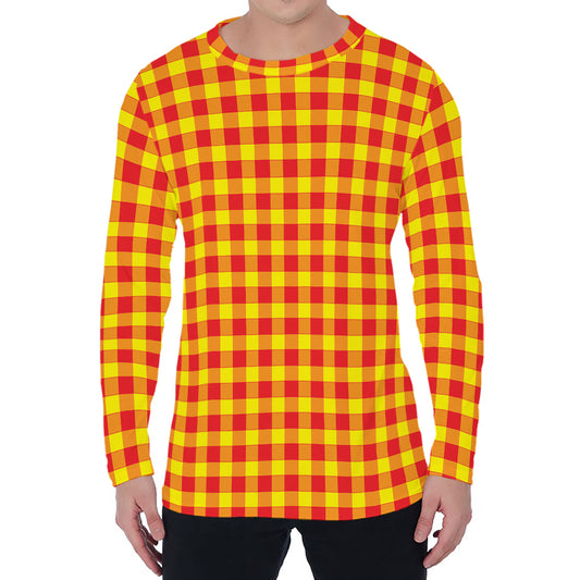 Red And Yellow Check Pattern Print Men's Long Sleeve T-Shirt