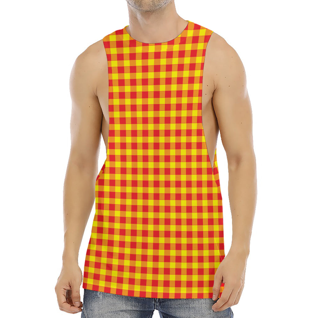 Red And Yellow Check Pattern Print Men's Muscle Tank Top