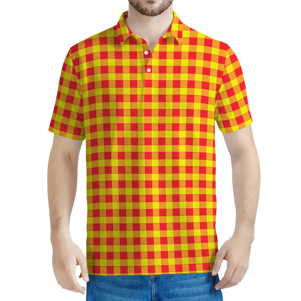 Red And Yellow Check Pattern Print Men's Polo Shirt