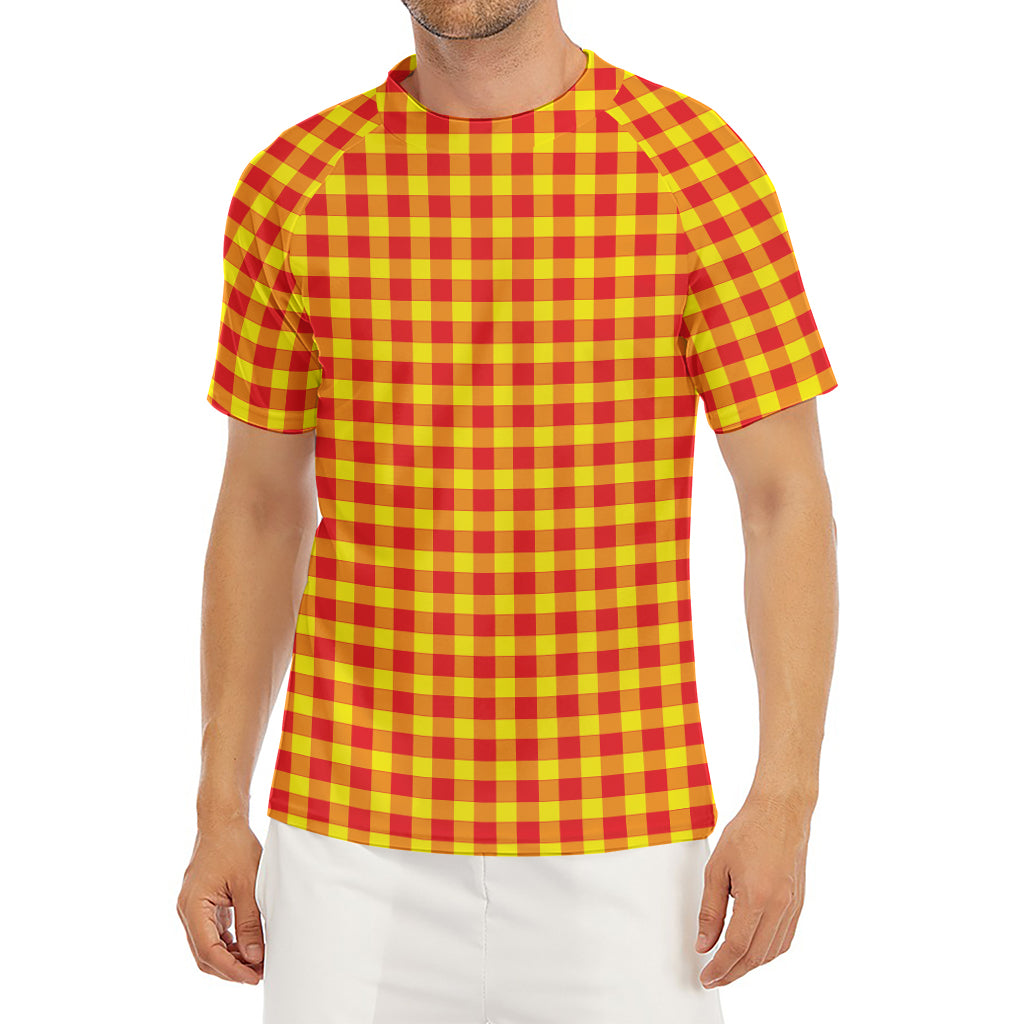 Red And Yellow Check Pattern Print Men's Short Sleeve Rash Guard