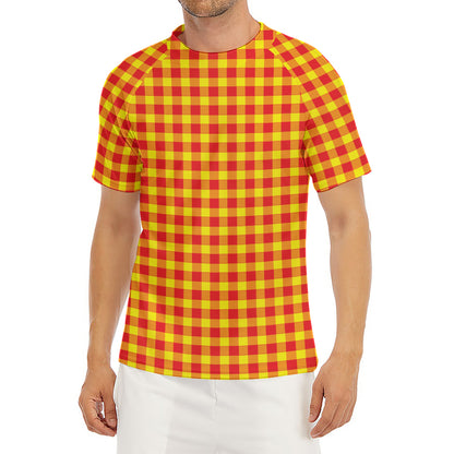 Red And Yellow Check Pattern Print Men's Short Sleeve Rash Guard