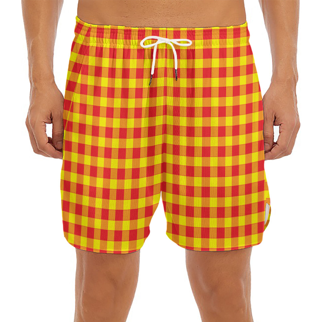 Red And Yellow Check Pattern Print Men's Split Running Shorts