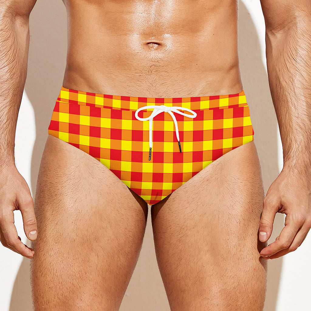 Red And Yellow Check Pattern Print Men's Swim Briefs