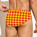 Red And Yellow Check Pattern Print Men's Swim Briefs