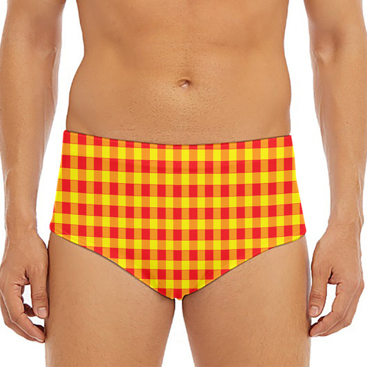 Red And Yellow Check Pattern Print Men's Triangle Swim Briefs