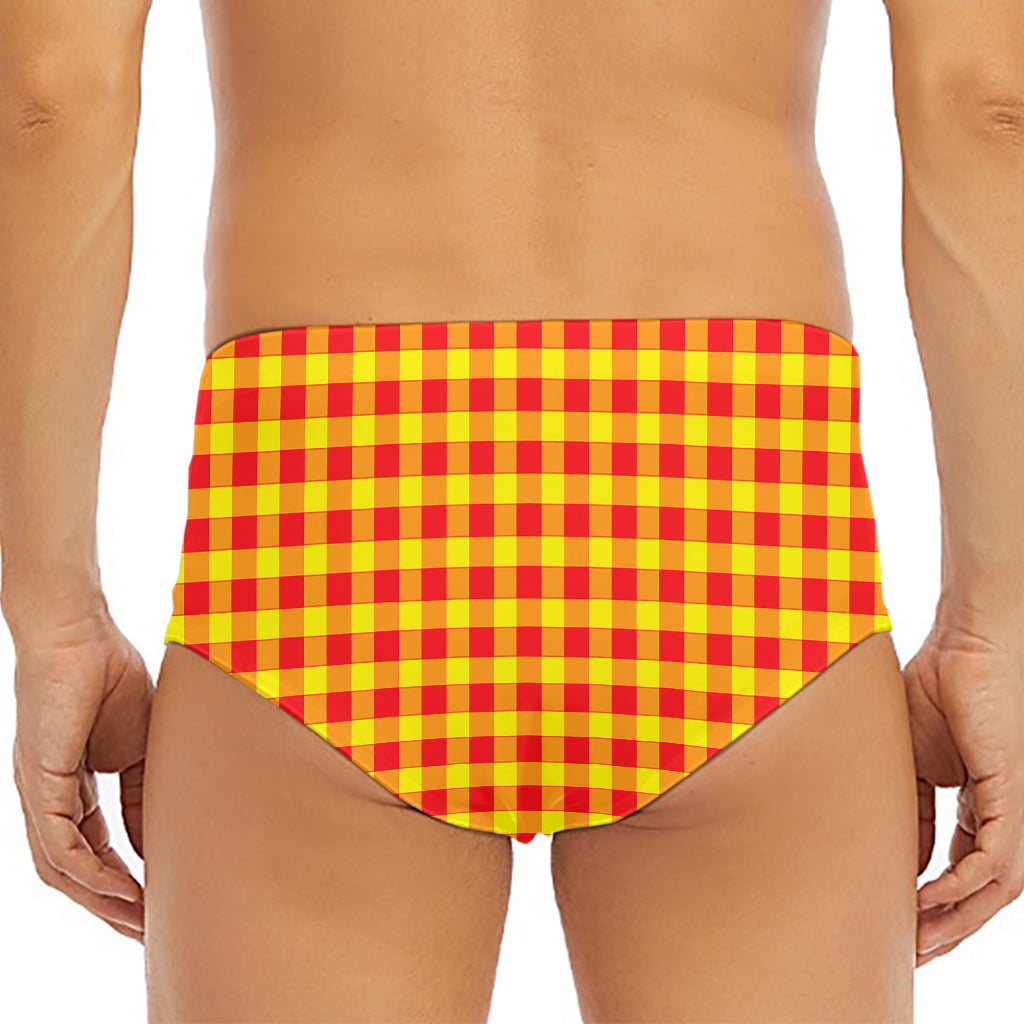 Red And Yellow Check Pattern Print Men's Triangle Swim Briefs