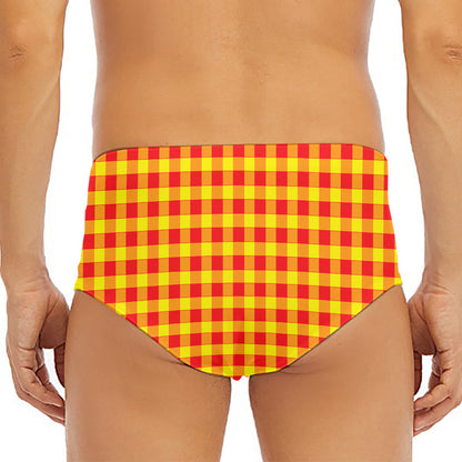 Red And Yellow Check Pattern Print Men's Triangle Swim Briefs