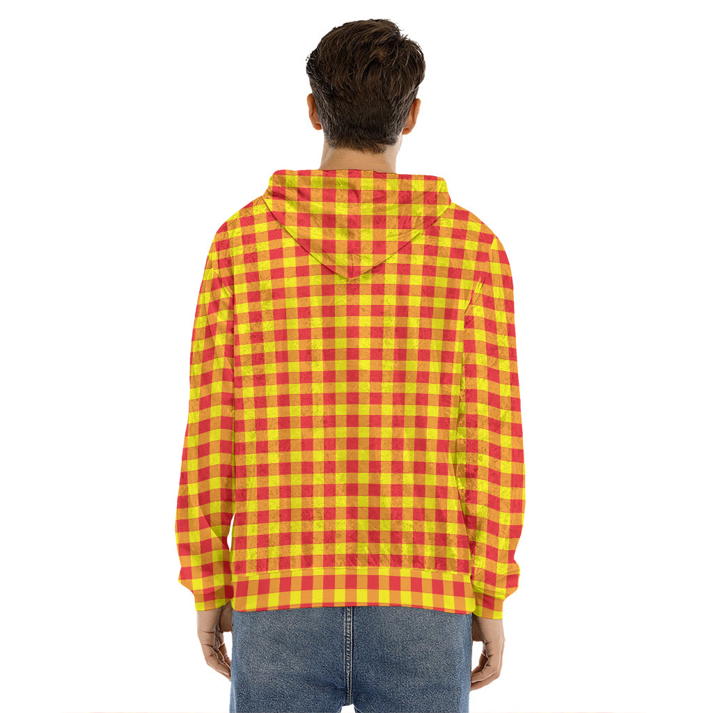 Red And Yellow Check Pattern Print Men's Velvet Pullover Hoodie