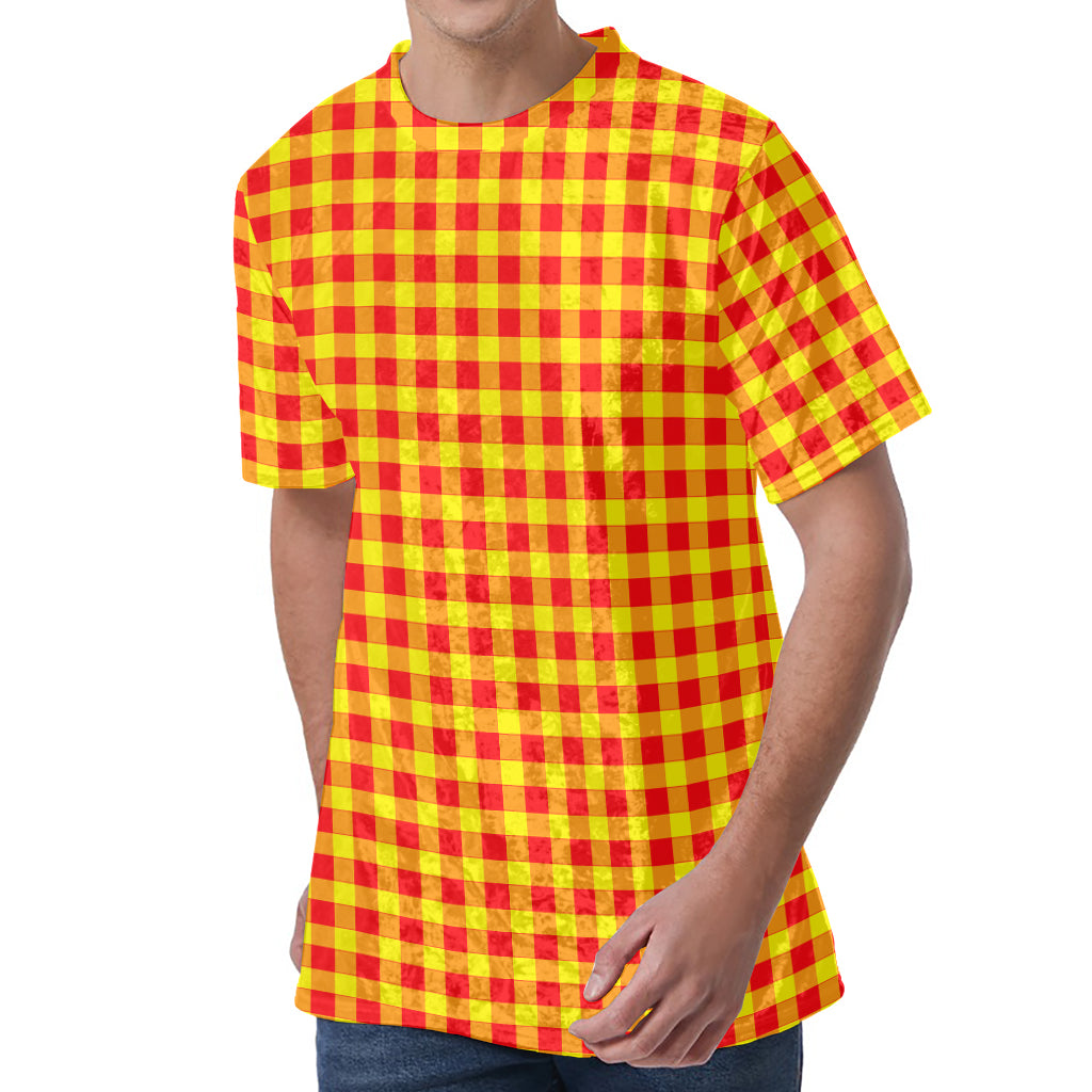 Red And Yellow Check Pattern Print Men's Velvet T-Shirt