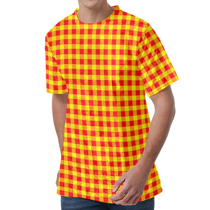 Red And Yellow Check Pattern Print Men's Velvet T-Shirt
