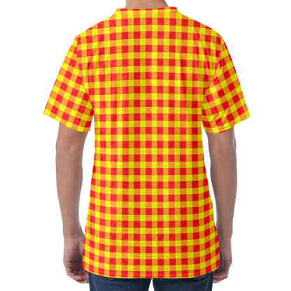 Red And Yellow Check Pattern Print Men's Velvet T-Shirt