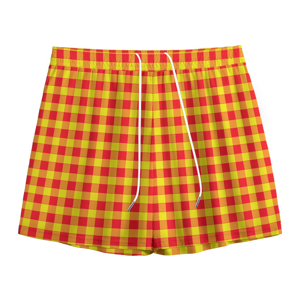 Red And Yellow Check Pattern Print Mesh Shorts
