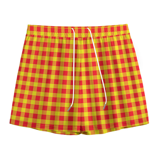 Red And Yellow Check Pattern Print Mesh Shorts