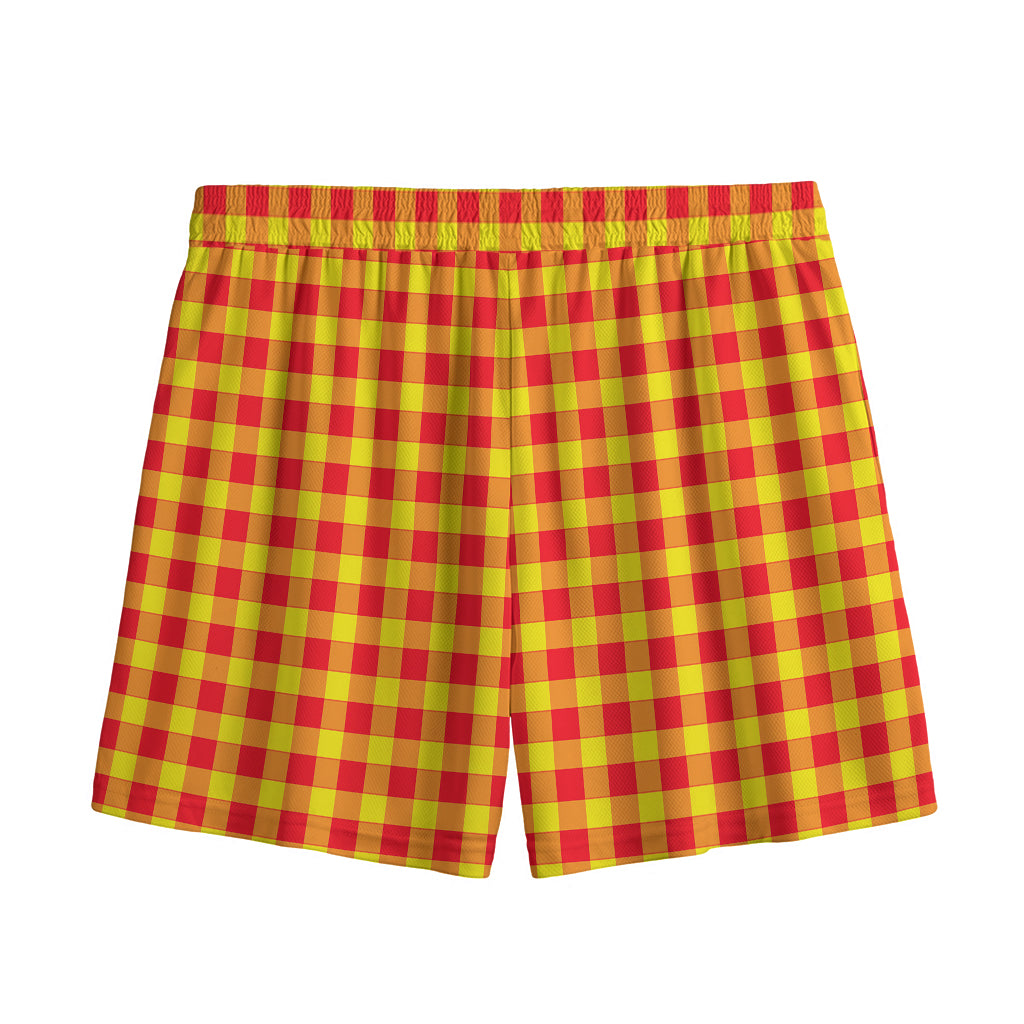 Red And Yellow Check Pattern Print Mesh Shorts