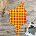 Red And Yellow Check Pattern Print One Shoulder Bodysuit
