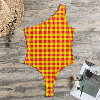 Red And Yellow Check Pattern Print One Shoulder Bodysuit