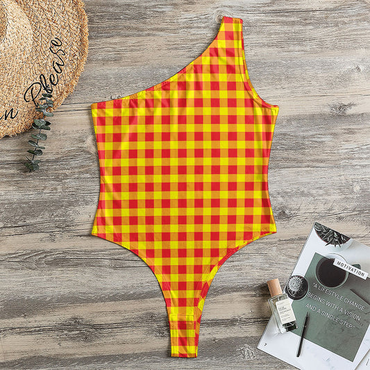 Red And Yellow Check Pattern Print One Shoulder Bodysuit