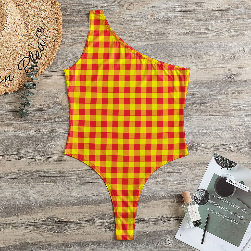 Red And Yellow Check Pattern Print One Shoulder Bodysuit