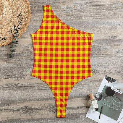 Red And Yellow Check Pattern Print One Shoulder Bodysuit