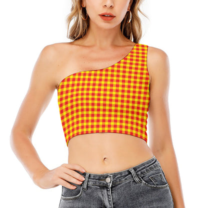Red And Yellow Check Pattern Print One Shoulder Crop Top