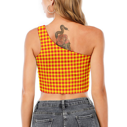 Red And Yellow Check Pattern Print One Shoulder Crop Top